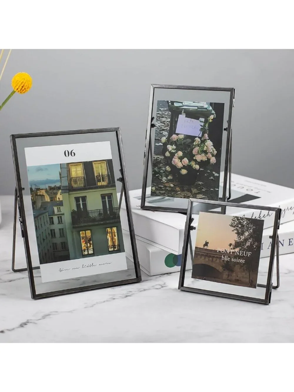 Vintage Gunmetal Gray Floating Picture Frames Set of 3 - Glass Pressed Flowers